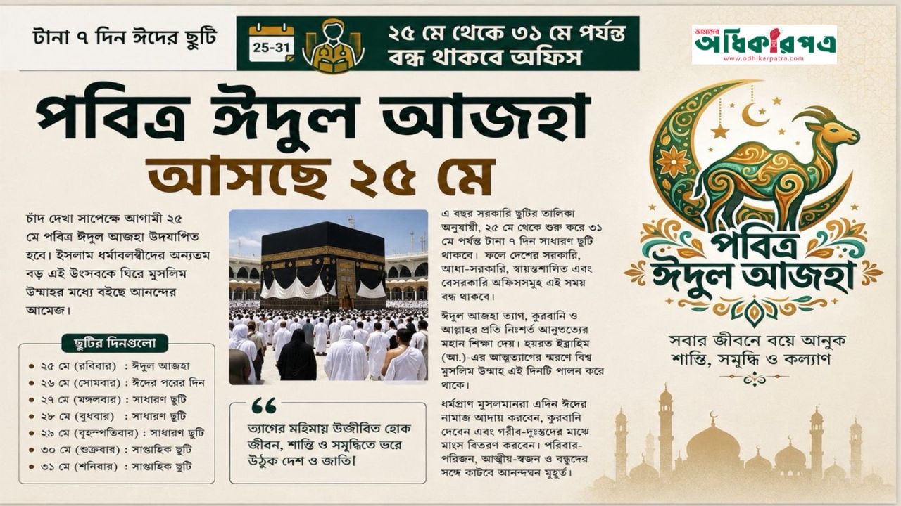 ঈদে টানা ৭ দিনের সরকারি ছুটি, ২৩-২৪ মে খোলা থাকবে অফিস